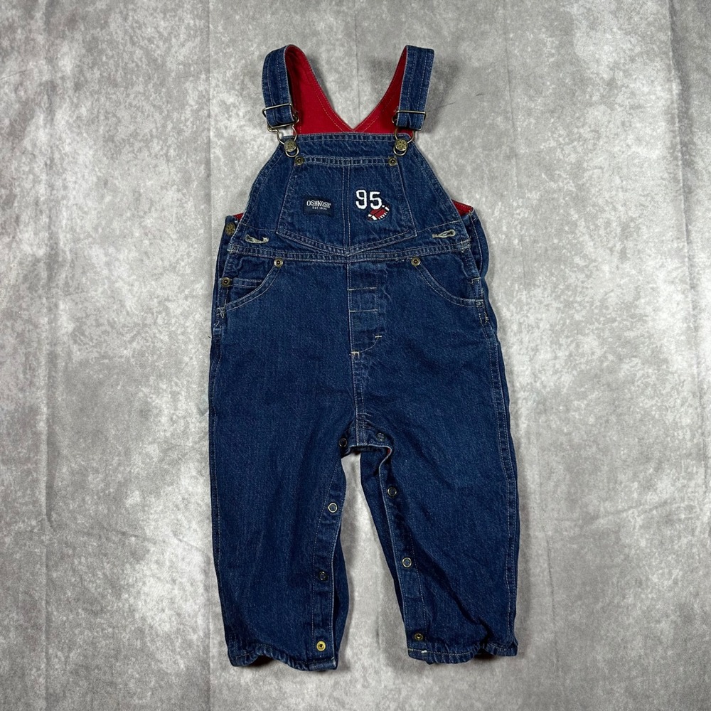 Vintage OshKosh Bgosh Kids 18M Blue Denim Red Lined Football Owl Overalls 90s